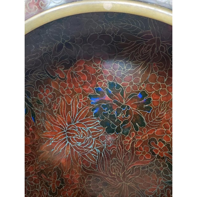 Metal Vintage Cloisonne Enamel 12" Wide X 3-3/4" Tall Vintage Chinese Centerpiece Bowl Vase For Sale - Image 7 of 13