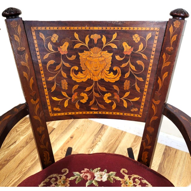 Antique Dutch 19th C Carved & Marquetry Inlaid Rocking Chair + Needlepoint Pillow For Sale - Image 9 of 18