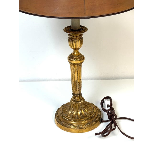 French 19th Century Louis XVI Style Ormolu Bouillotte Lamp, Ochre Tole Shade For Sale - Image 3 of 18