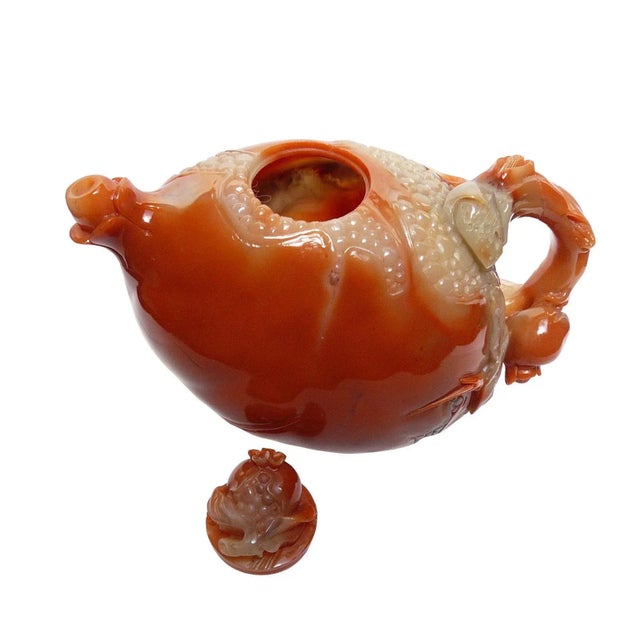 Red Thousand Kids Carved Pomegranate Shape Shou Shan Stone Teapot For Sale - Image 8 of 11