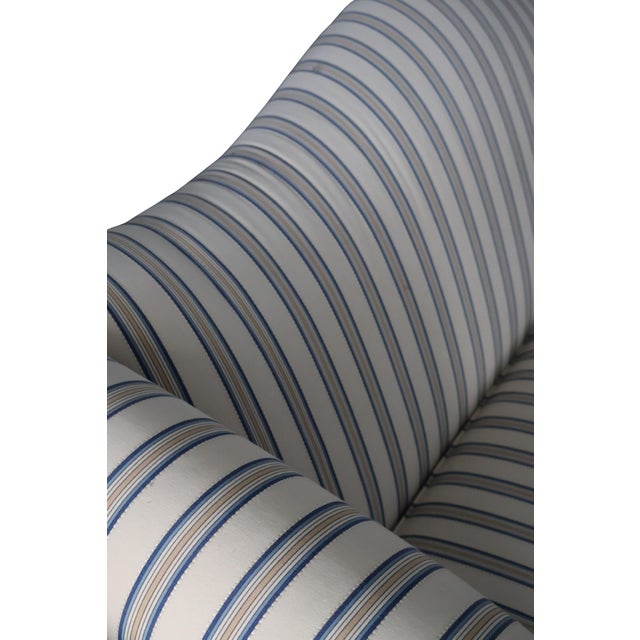 French Country Ethan Allen Custom Camelback Sofa in Dimensional Woven Blue & Ivory Stripe For Sale - Image 3 of 18