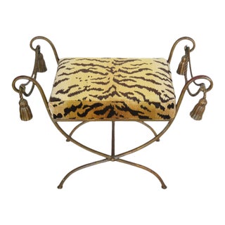 Vintage Italian Upholstered Scalamandre Le Tiger Fabric Vanity Gold Rope Tasseled Vanity Bench For Sale