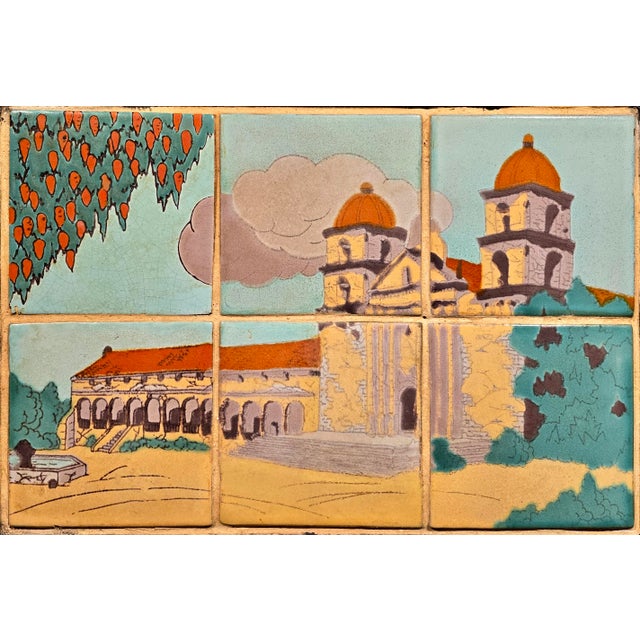 Taylor Tilery –Mission Santa Barbara,1930s Spanish Revival Hand-Painted Tile Panel in Iron Frame For Sale In Los Angeles - Image 6 of 12
