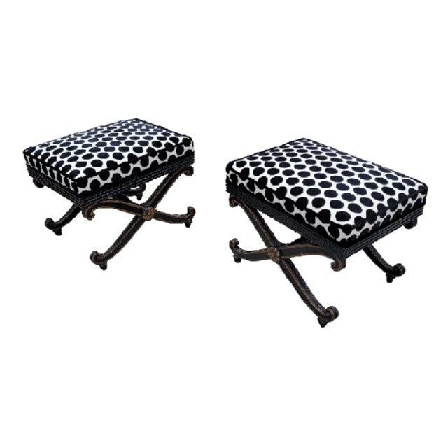 Vintage French Regency Style Ottomans With Ebonized Scrolled Bases, Newly Reupholstered – Pair For Sale In Chicago - Image 6 of 7