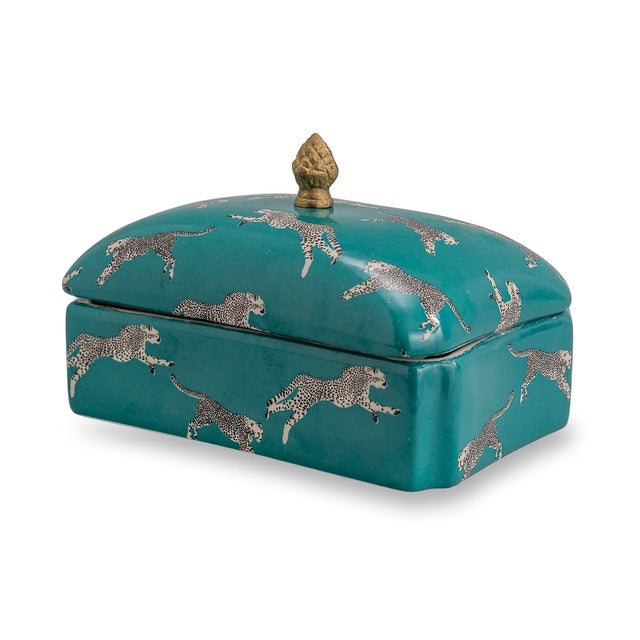 Transitional Scalamandre Maison by Port 68 Leaping Cheetah Teal Box For Sale - Image 3 of 5