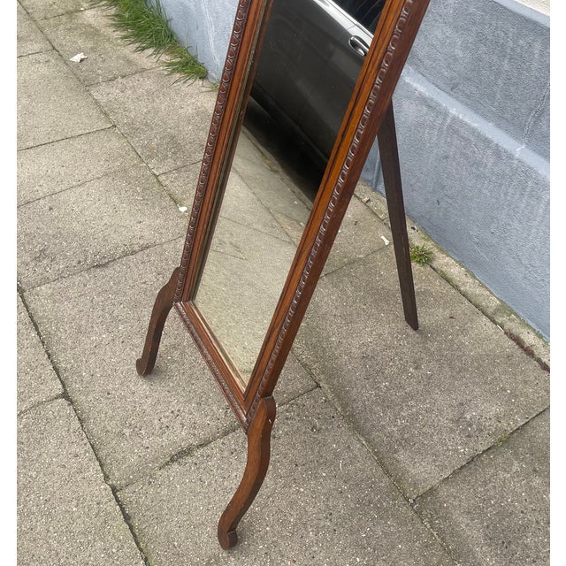Antique English Cheval Mirror in Oak, 1890s For Sale - Image 6 of 7