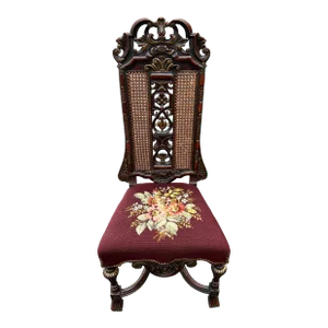 Early 20th Century Carved Jacobean Victorian Throne Chair With Needlepoint Seat