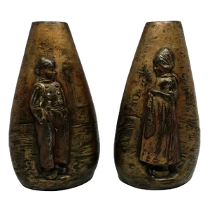 Figural Relief ” Dutch Boy and Girl ” Bronze Vases - a Pair