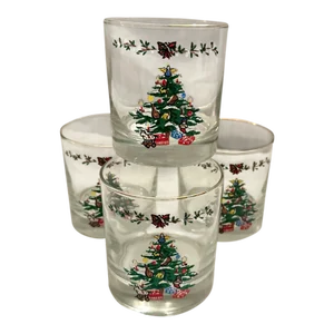 Vintage "Holiday" Christmas Tree Double Old Fashioned Glasses-Set of 4