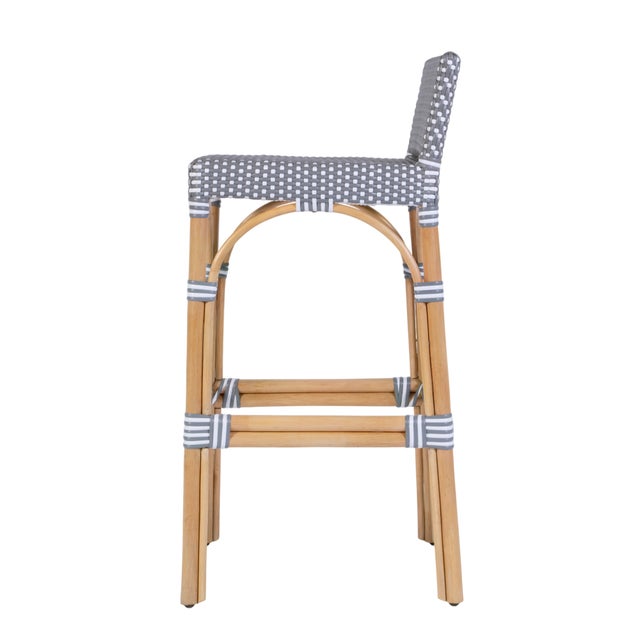 Serienna 30 in. Seat Height Rectangular Rattan Low Back Bar Stool, Gray/White Dot / Natural Rattan Frame For Sale In Chicago - Image 6 of 9