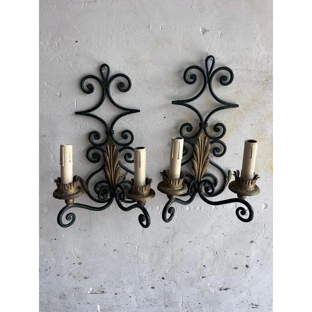 Wrought Iron Wall Sconces with Gilt Leaf Motifs, Set of 2 For Sale - Image 8 of 8