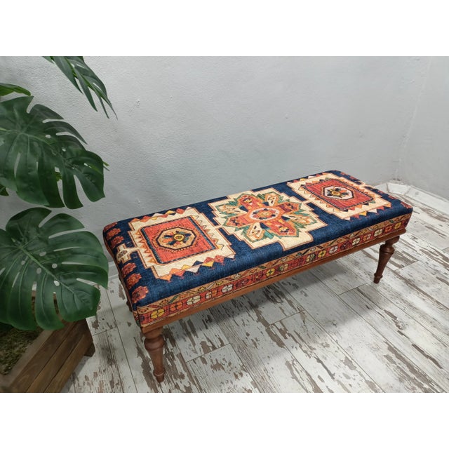 Blue Rug Upholstered Ottoman Bench For Sale - Image 4 of 10