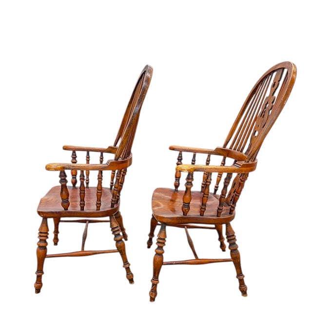 Early 20th C Windsor Chair Pair Set of Two Elm Wood England Arms Antique Vintage For Sale - Image 14 of 18