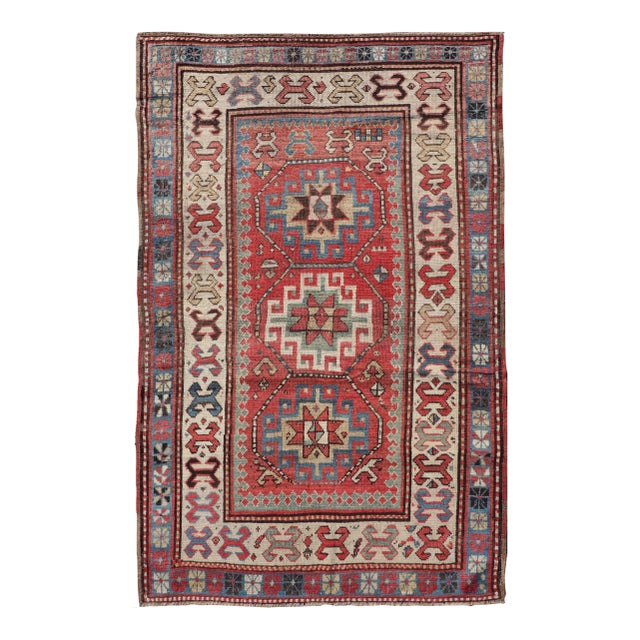 Antique Caucasian Kazak Rug With Sub-Geometric Medallion's Design For Sale