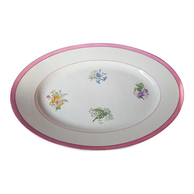 Large Old Paris Platter With Wildflowers and a Raspberry Pink Banded Border For Sale
