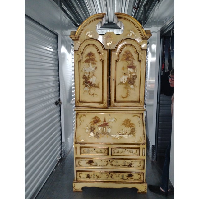 Vintage Mid-Century Spanish Chinoiserie Secretary Desk - Hand-Painted 2-Piece Cabinet For Sale - Image 11 of 17