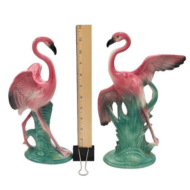 1950s Mid-Century 11" Tall Open Wing Pink Flamingo Ceramic Tabletop Statue, Pair For Sale - Image 18 of 18
