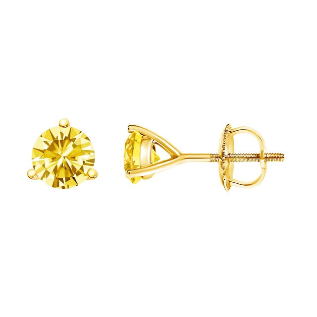 Contemporary 14K Yellow Gold 3-Prong Martini Set 2.0 Cttw Yellow Lab Grown Diamond Solitaire Stud Earrings For Sale - Image 3 of 4