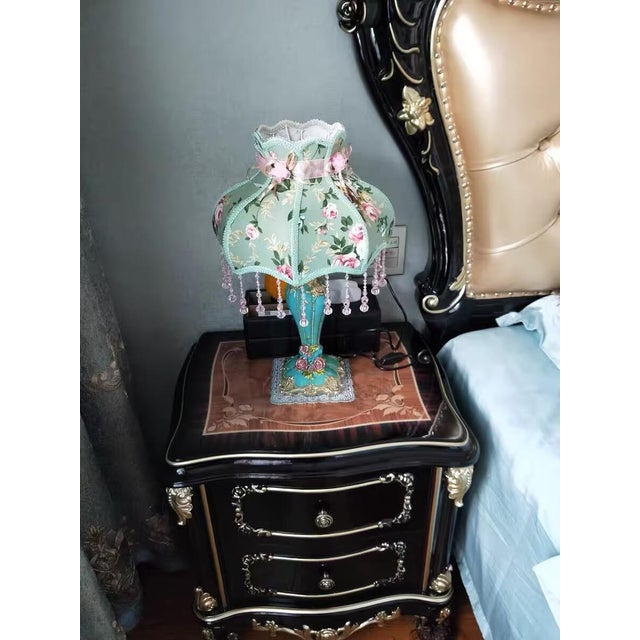2020s Girly Pink-Green Floral Fabric Table Lamp For Sale - Image 5 of 8
