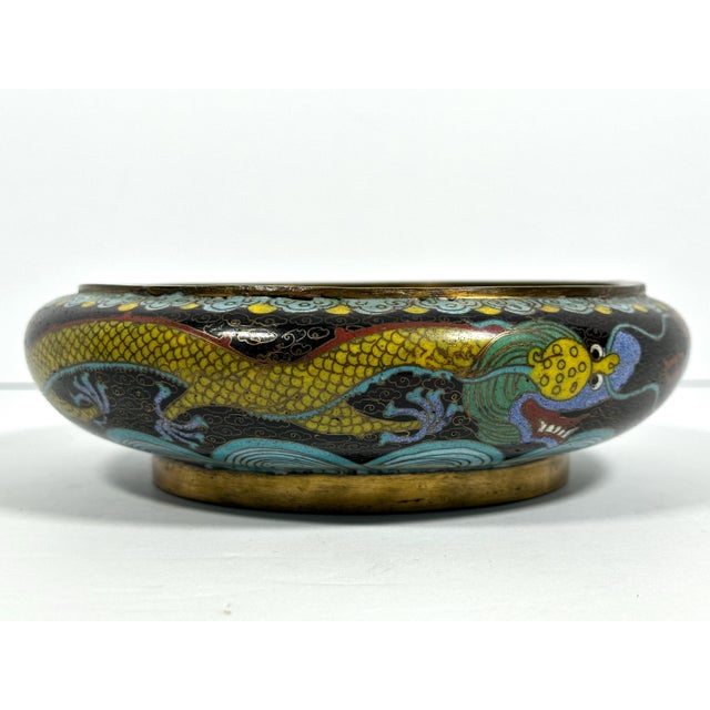 Metal Antique Chinese Cloisonne Bowl: Dragon & Flaming Pearl Design For Sale - Image 7 of 10