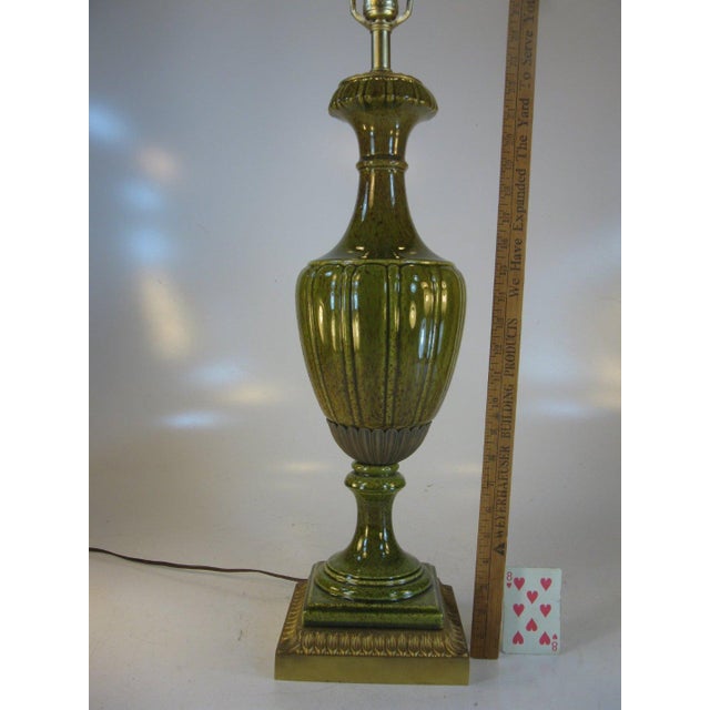 1960s Table Lamp, Porcelain Neoclassical Urn, Olive Green, Hollywood Regency, Gold Tone Finish For Sale - Image 9 of 12