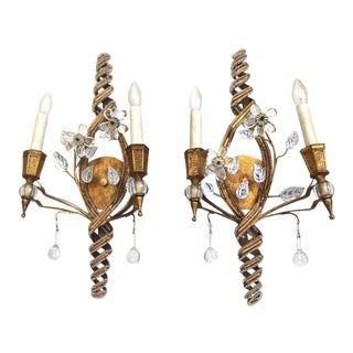 Baguès French Beaded Crystal Flower Gilt Iron Wall Sconces - a Pair For Sale