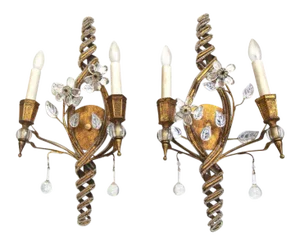 Baguès French Beaded Crystal Flower Gilt Iron Wall Sconces - a Pair
