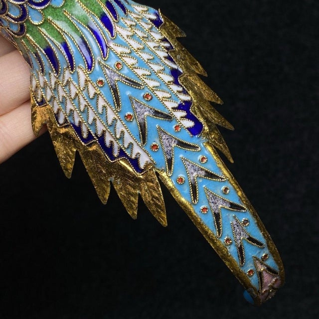 Pair of Cloisonne Enamel Pheasant Figures – 7.7" Golden Bird Sculptures on Stands For Sale - Image 9 of 9