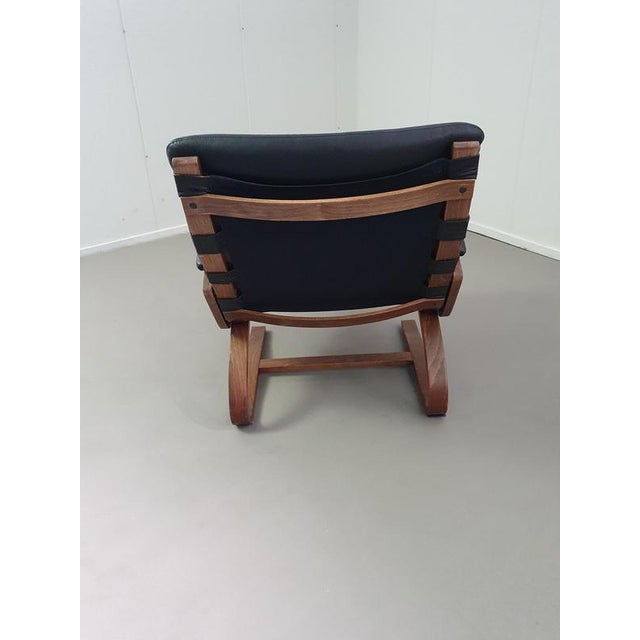 Wood Scandinavian Black Leather Lounge Chairs, Set of 2 For Sale - Image 7 of 14