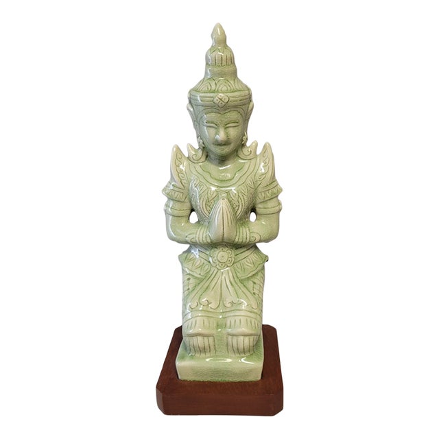 Thai Celadon Theppanom Guardian Figure on Wood Base — 19.5" For Sale