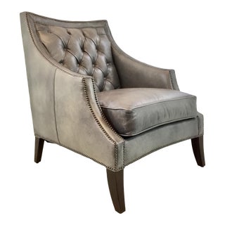 Henredon Transitional Gray Tufted Leather Arabella Club Chair For Sale