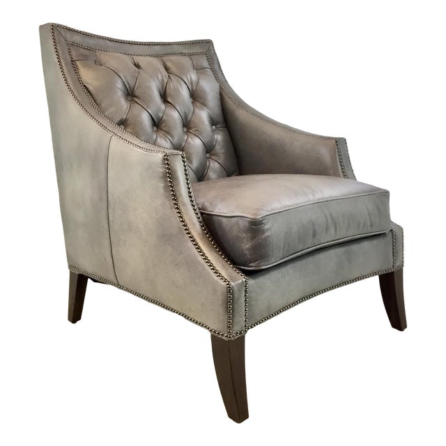Henredon Transitional Gray Tufted Leather Arabella Club Chair Chairish