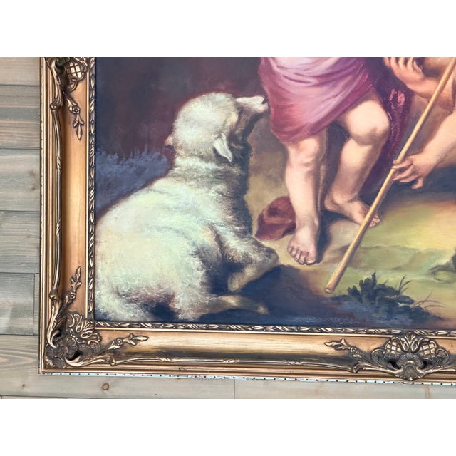 Large Vintage European Religious Oil Painting – Saint John the Baptist, Lamb & Cherubs in Ornate Gilt Frame For Sale - Image 4 of 17