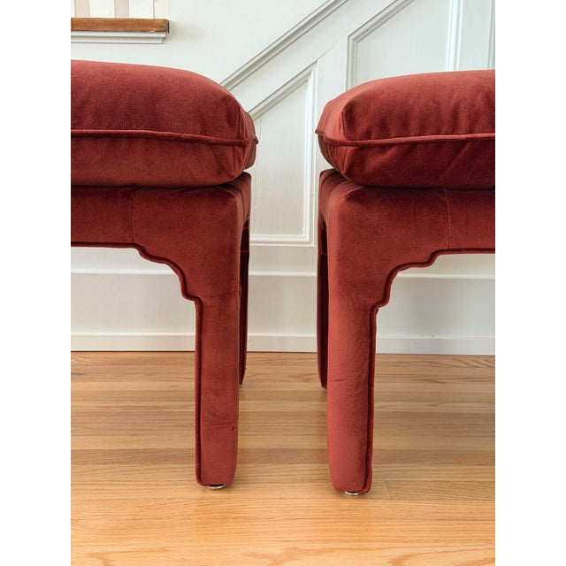 Textile 1970s Sculptural Arched Leg Rectangular Red Velvet Ottomans - A Pair For Sale - Image 7 of 12
