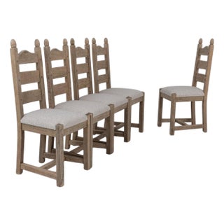 20th Century Belgian Upholstered Oak Ladderback Oak Dining Chairs - Set of 5 For Sale