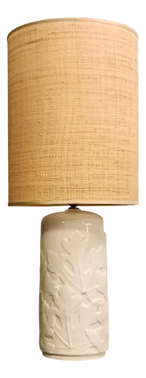 White Ceramic Table Lamp with Embossed Leaf Details and Fabric Lampshade from Vivai del Sud, Italy, 1960s