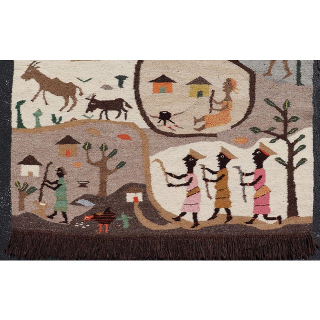 Early 20th Century Vintage African Tapestry With Tribal Village, Wildlife and Hunting Scene For Sale - Image 5 of 15