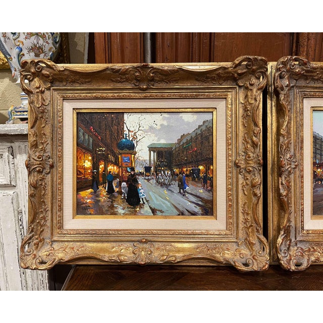 Executed on canvas and presented in ornate carved giltwood frames, this exquisite pair of mid-century paintings by...