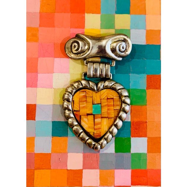 Early Vintage 1980’s Dian Malouf Oxidized Sterling Silver ‘Signature’ Heart Drop Pin/Brooch, Set With a Turquoise & Spiny...