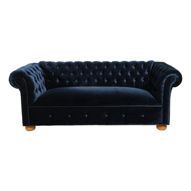 Late 20th Century Custom Navy Blue Velvet Chesterfield Sofa With Leather Details For Sale
