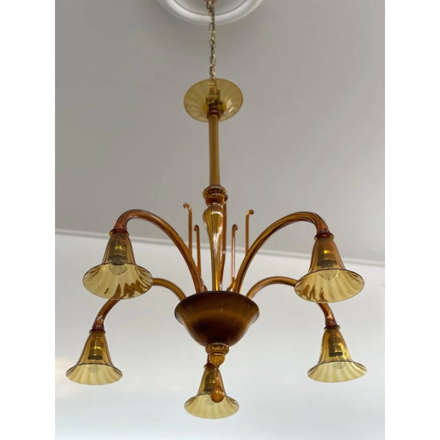 Glass Murano Chandelier 5-Armed in Amber, 1970s For Sale - Image 7 of 7