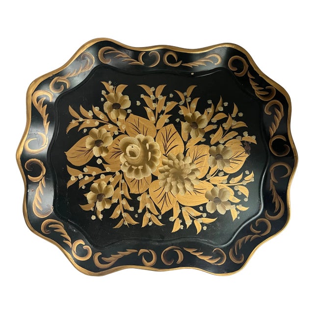 Black & Gold Hand-Painted Tole Tray For Sale