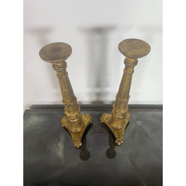Wood Pair of Antique Giltwood Candlesticks With Paw Feet, Neoclassical Style For Sale - Image 7 of 9