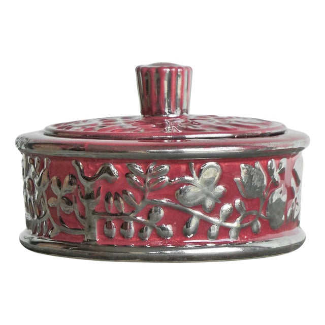 Boch Frères Keramis Pink Lidded Bowl with Silver Glazed Flowers and Butterflies, 1920s For Sale