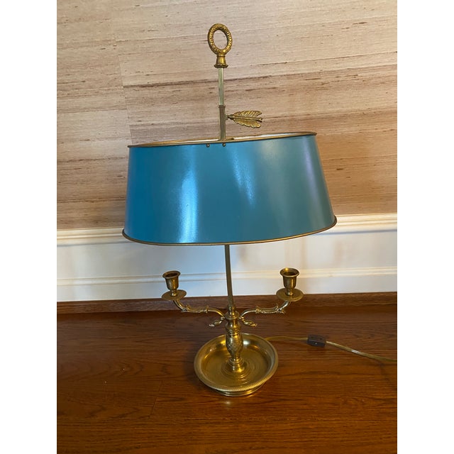 French gilt bronze 2 light Bouillotte lamp with robins egg blue hand painted shade.