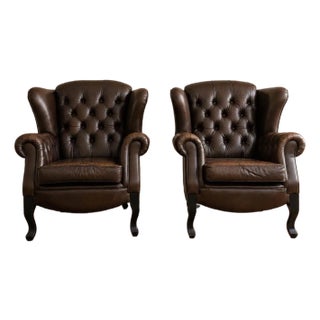 Pair of Mid-Century European Chesterfield-Style Tufted Leather Lounge Chairs, C. 1960 For Sale