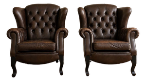 Pair of Mid-Century European Chesterfield-Style Tufted Leather Lounge Chairs, Circa 1960