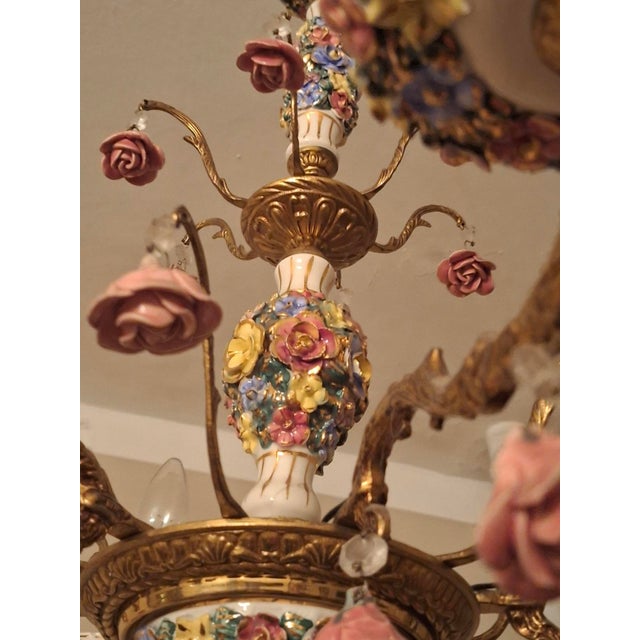 Vintage Boho Six-Arm Chandelier in Ceramic and Gilt Brass For Sale - Image 6 of 10