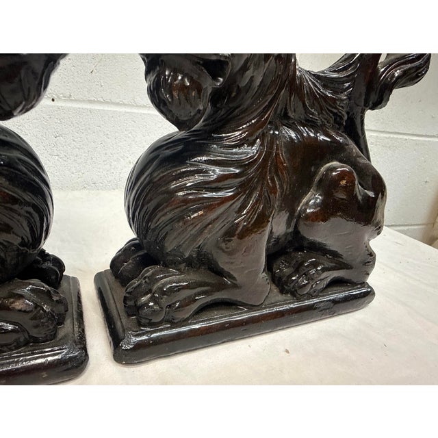 Brown Pair of Antique 1800's Carved Wood Architectural Salvage Lion Sculpture Statue For Sale - Image 8 of 13