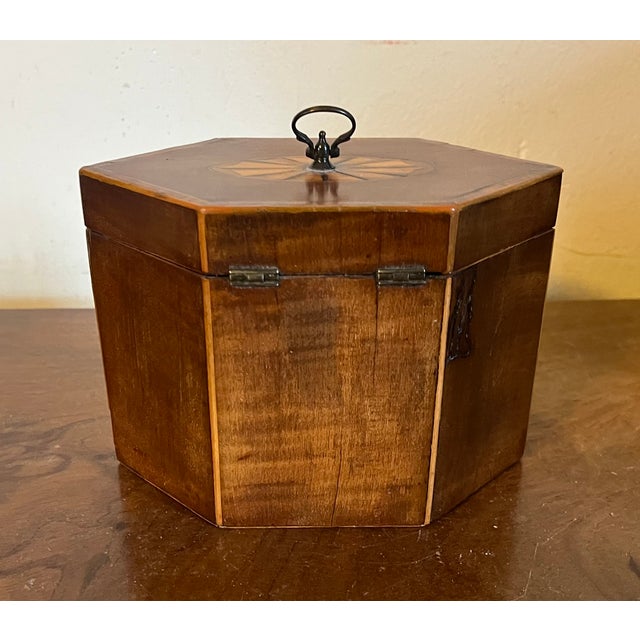 Antique Early 19th Century English George III Hexagonal Mahogany Tea Caddy of Elegant Proportion With Paterae Fan Inlay For Sale - Image 9 of 18